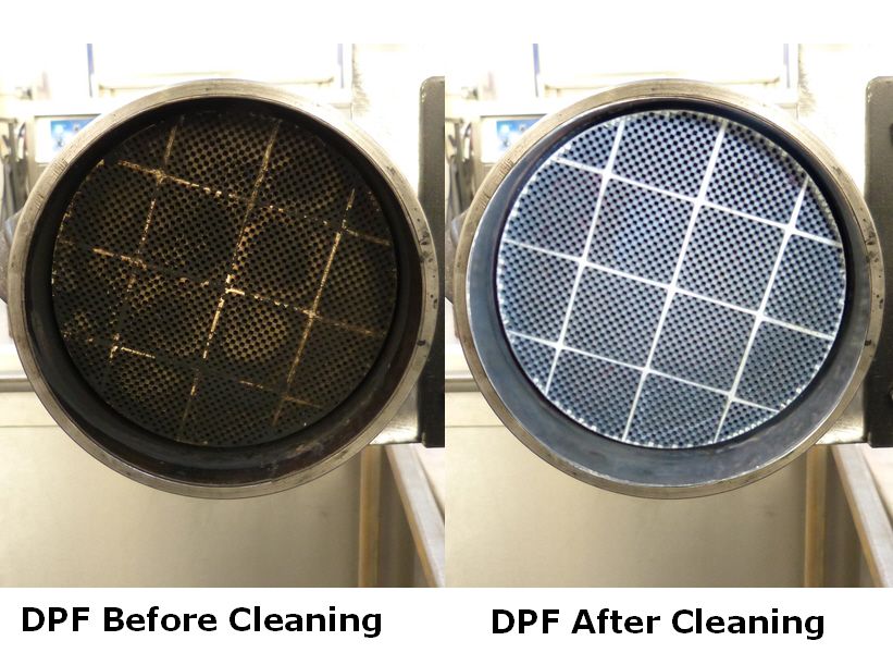 Blocked diesel particulate filter before and after professional DPF cleaning service - Euro Car Electronics - eurocarelectronics.com.au